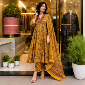 Yellow Floral Printed Cotton Kurta with Palazzo Pants & Dupatta Set