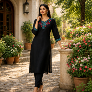 Women's Black Embroidered Cotton Blend Straight Kurta Pant Set