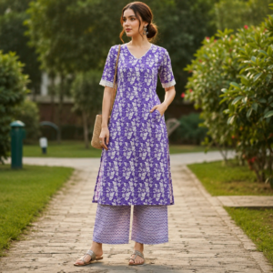 Women's Purple Printed Cotton Blend Kurta Palazzo Set | Daily Wear Straight Fit Ethnic Set