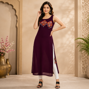 Women's Georgette Sleeveless Embroidered Long Kurti | Ethnic Casual Wear | Maroon