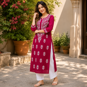 Women's Rayon Slub Embroidered Kurti | Magenta | Three-Quarter Sleeves | Ethnic Wear