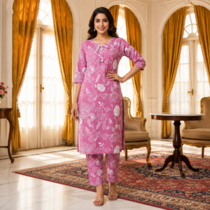 Women's Pink Cotton Botanical Printed Kurti Pant Set | A-Line Kurta | Party Wear