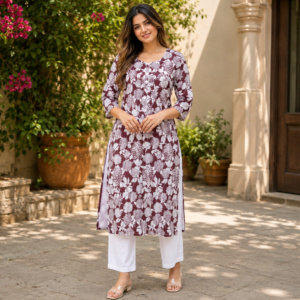Women's White Khadi Cotton Floral Kurti Pant Set | ShopRover