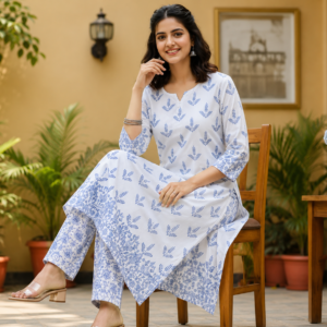 Women's White Cotton Kurti Pant Set | Blue Ethnic Print | ShopRover