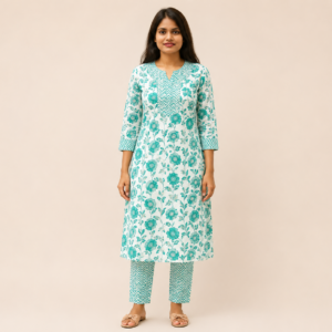 Green Floral Printed Cotton Blend Kurti Set for Women with Bottomwear