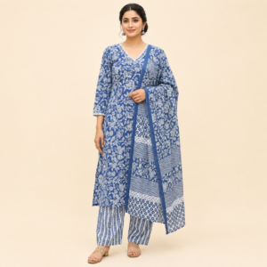 Blue Floral Printed Cotton Kurta Pant Set with Dupatta for Women