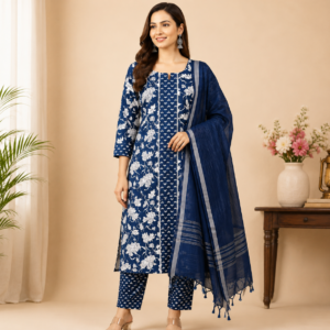 Navy Blue Printed Khadi Cotton Kurti Set with Dupatta & Pants for Women