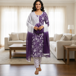 Women Purple Floral Printed Cotton Kurti Set with Trousers & Dupatta
