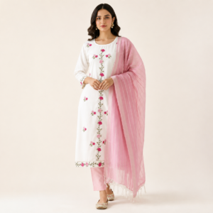 Women White Cotton Embroidered Kurta Pant Set with Pink Dupatta