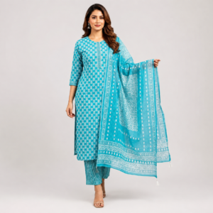 Women Blue Printed Cotton Kurta Pant Set with Dupatta