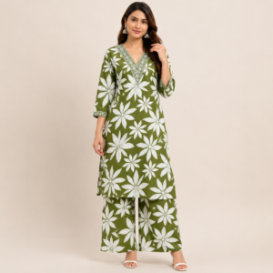 Women Green Floral Printed Cotton Blend Kurti with Palazzo