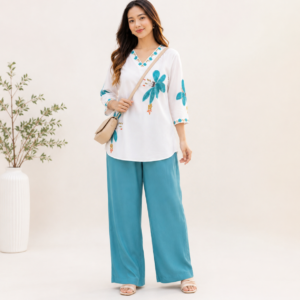 Women's White Floral Printed Kurti Top with Sky Blue Palazzo Co-Ord Set