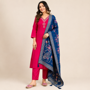 Women’s Embroidered Rayon Slub Kurta with Dupatta & Bottomwear Set