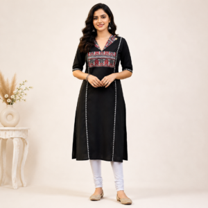 Women’s Black Cotton Printed Kurti | A-Line Calf Length Kurta